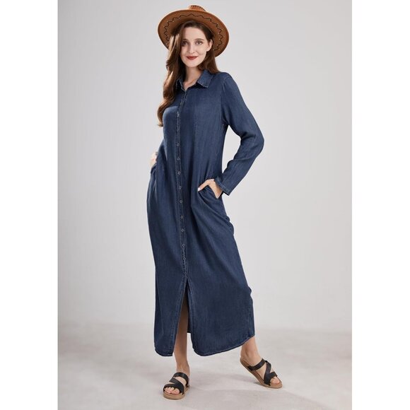 Women's Casual Denim Maxi Dress Long Sleeve Pockets Button Up Stylish - Picture 6 of 7